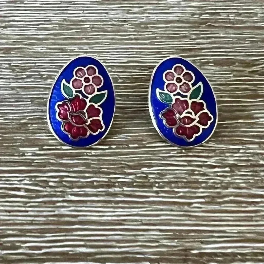 Vintage Cloisonné Enamel Floral Studs Oval Egg Shape Gold Tone Earrings Blue Red